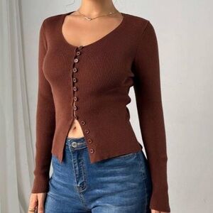 Brown Ribbed Button-Up Cardigan